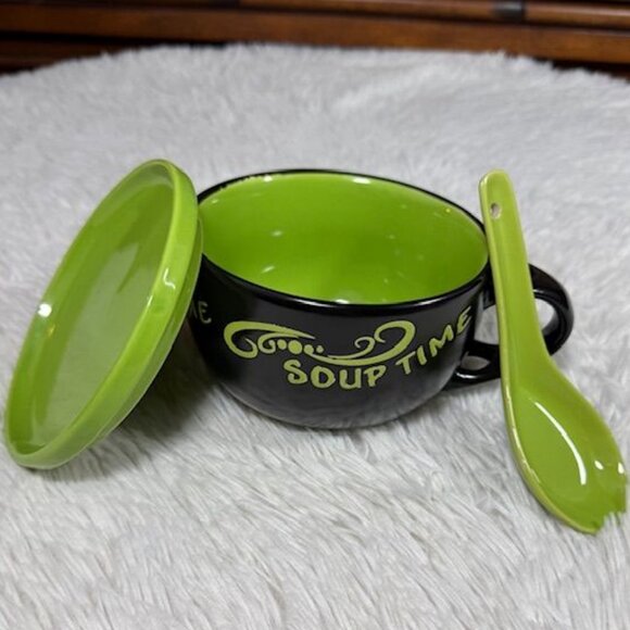 NWOT Soup Time Lime Green Black Soup Snack Tray Top Ceramic Mug with Spoon - Picture 7 of 12